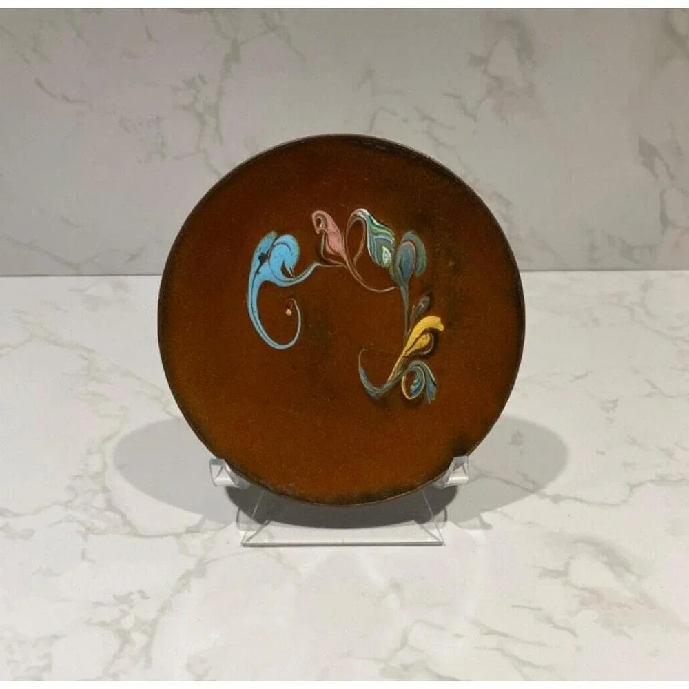 Vtg Enamel on Copper Bowl Hand Painted Dish 4